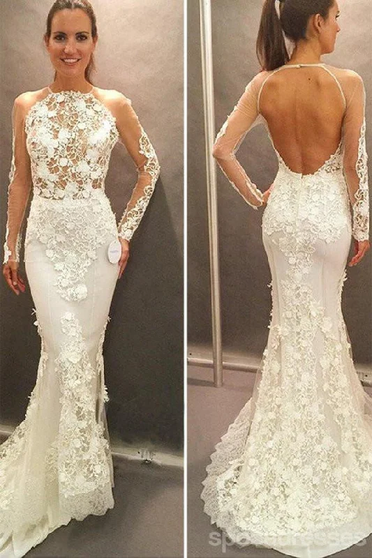 Great Deals Long Sleeve Backless Lace Mermaid Wedding Dresses,  Sexy Long Custom Wedding Gowns, Affordable Bridal Dresses, 17100