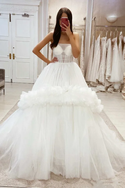Buy Now White Tulle Strapless A-Line Wedding Dress with Ruffles