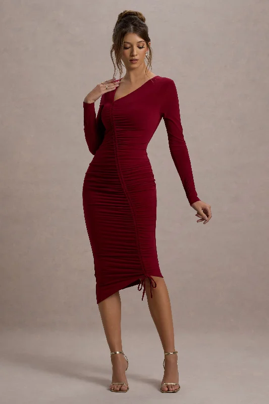 Great Bargains Lilia | Berry Ruched Asymmetric Midi Dress