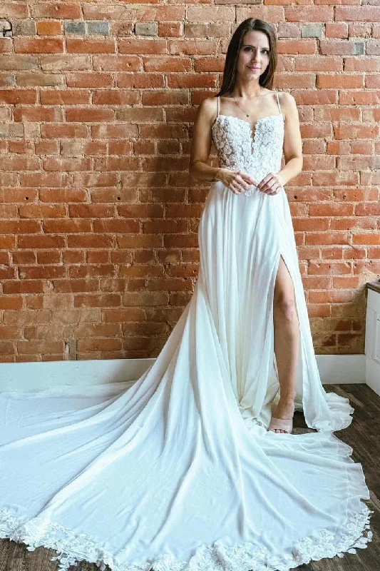 Final Markdown White Appliques Spaghetti Strap Backless Long Wedding Dress
