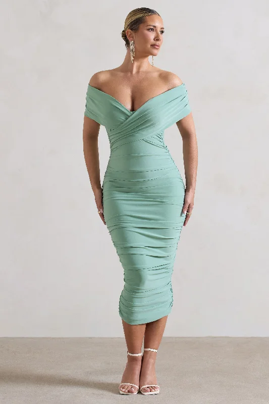 Shop and Save Unwrapped | Sage Ruched Twist Bardot Midi Dress