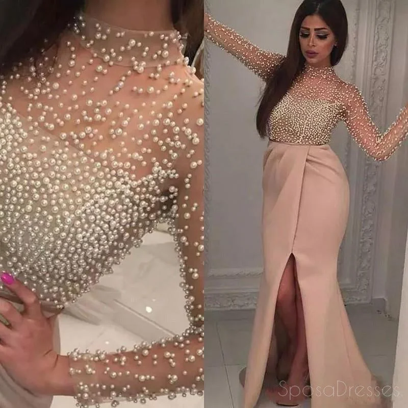 Extra Savings Long Sleeve Pearls Beaded Slit Mermaid Evening Prom Dresses, Popular Unique Party Prom Dress, Custom Long Prom Dresses, Cheap Formal Prom Dresses, 17167