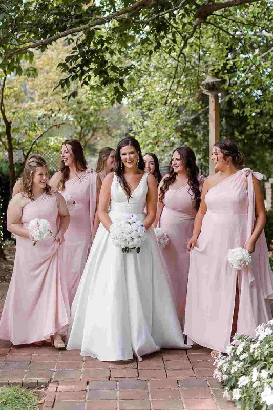 Lowest Prices Pink One Shoulder A-Line Satin Long Bridesmaid Dress with Slit