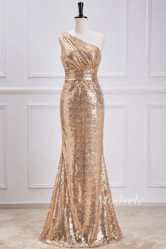 The Best Prices Champagne Sequin One-Shoulder Mermaid Long Dress