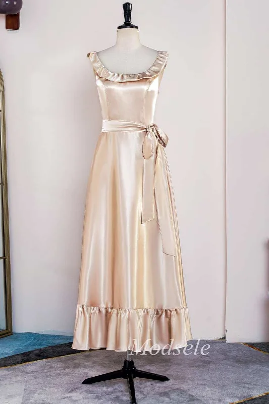 Limited Availability Champagne Round Neck Ruffle Backless A-Line Long Dress
