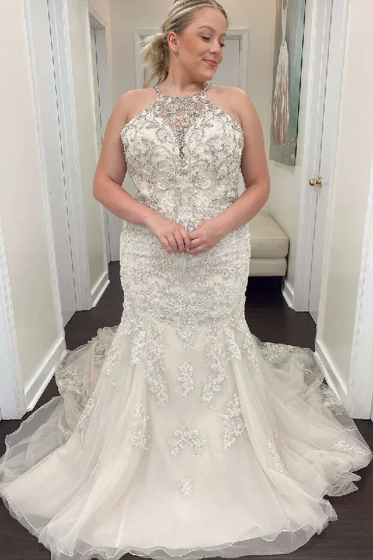 Value Deals White Beaded Halter Trumpet Long Wedding Dress