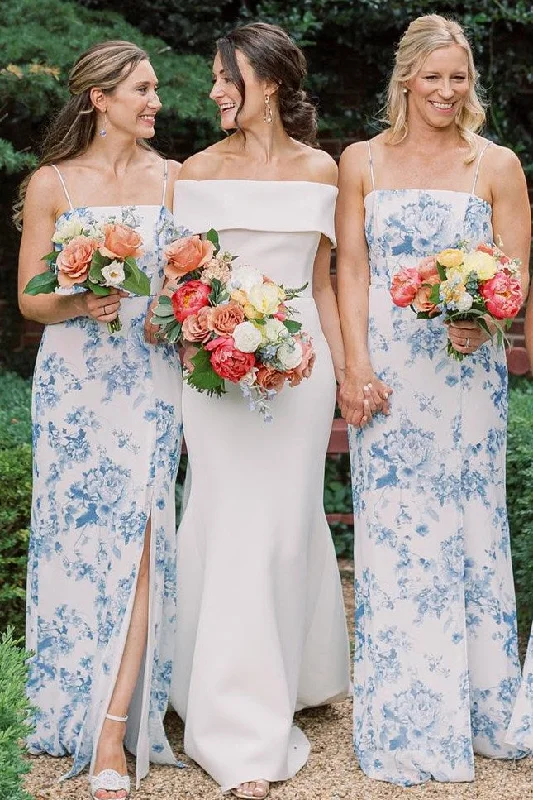 Today’s Special Blue Print Spaghetti Strap Long Dress with Slit