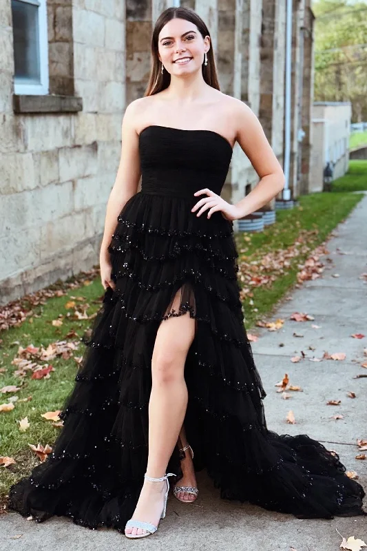 Special Savings Black Tulle Strapless Ruffle Beaded Long Prom Dress with Slit