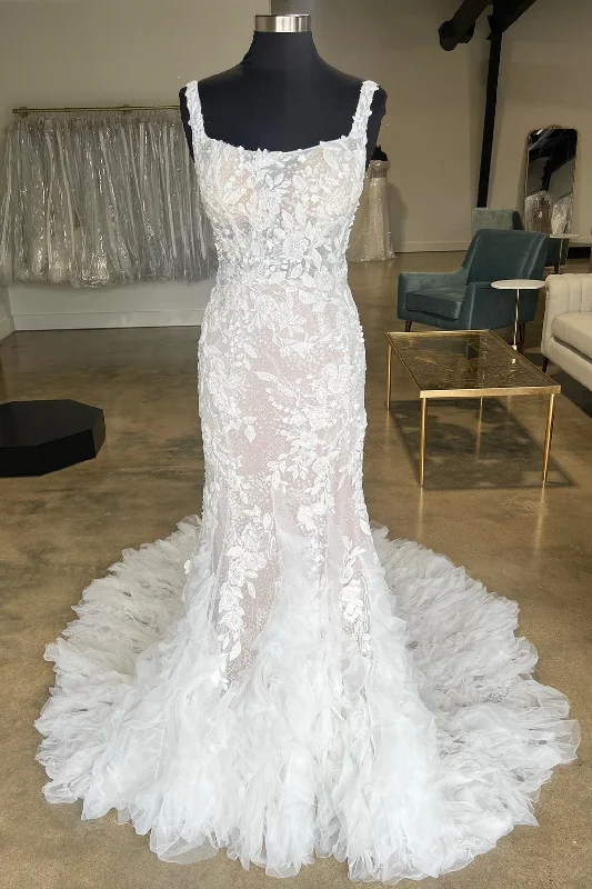 Bargain Bin Ivory Floral Lace Square Neck Ruffles Long Wedding Gown