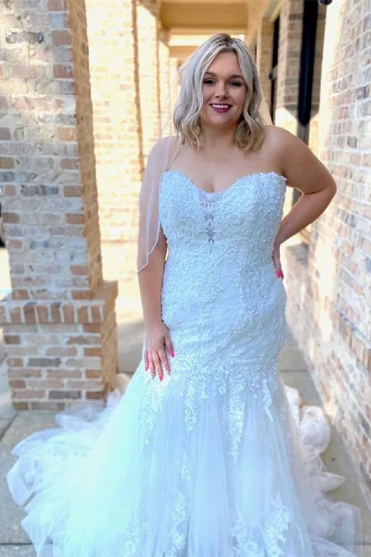 Weekend Flash Sale Pure White Appliqué Strapless Trumpet Long Wedding Dress