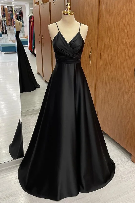 Limited Availability Surplice Spaghetti Strap A-Line Bridesmaid Dress in Black