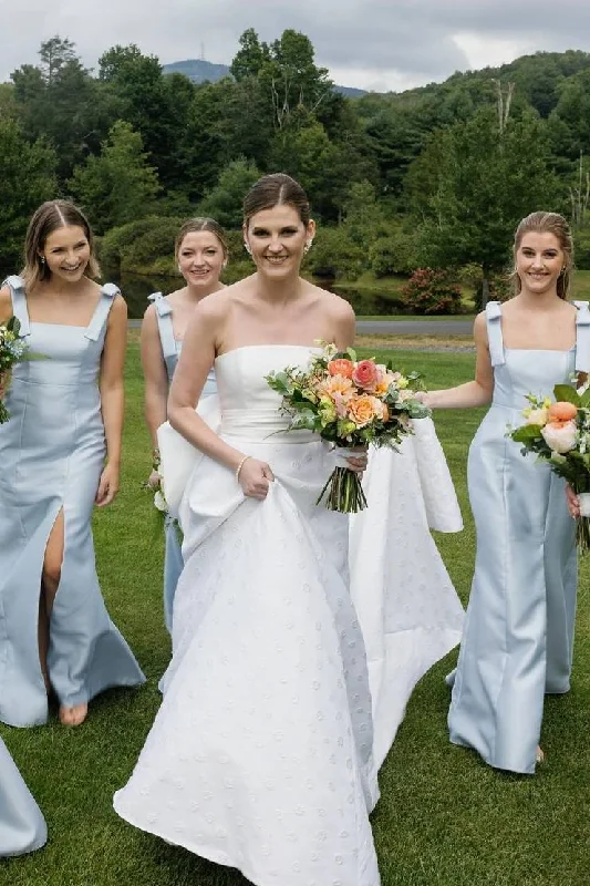 Value Deals Elegant Straps Bows Pleats Satin Sleeveless Long Bridesmaid Dress with Slit