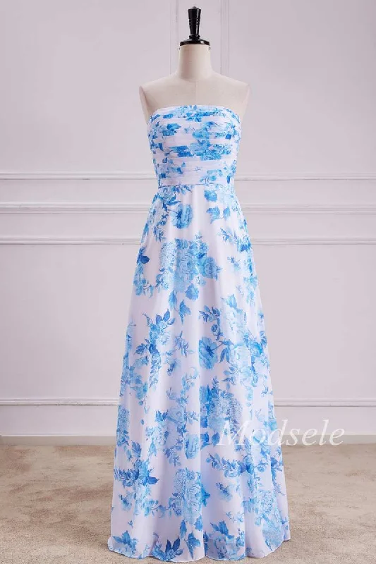 Discount Days Floral Print Shirred Bodice Strapless Maxi Dress