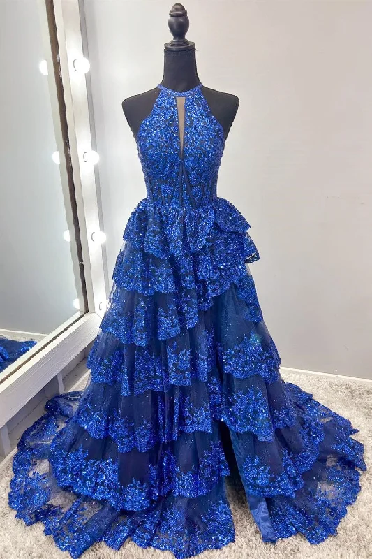 Midnight Madness Halter Keyhole Glitter Appliques Ruffle Tiered Prom Gown