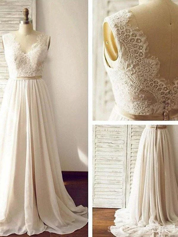 Low Prices Lace Backless Beach Wedding Dresses, Chiffon Long Custom Wedding Gowns, 17097