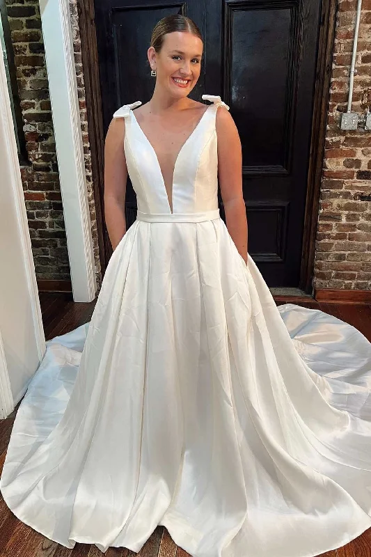 Super Bargain White Satin Plunge V Long Wedding Dress with Bows