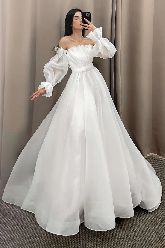 Major Savings White Strapless Pleated A-Line Long Wedding Dress with Sleeves
