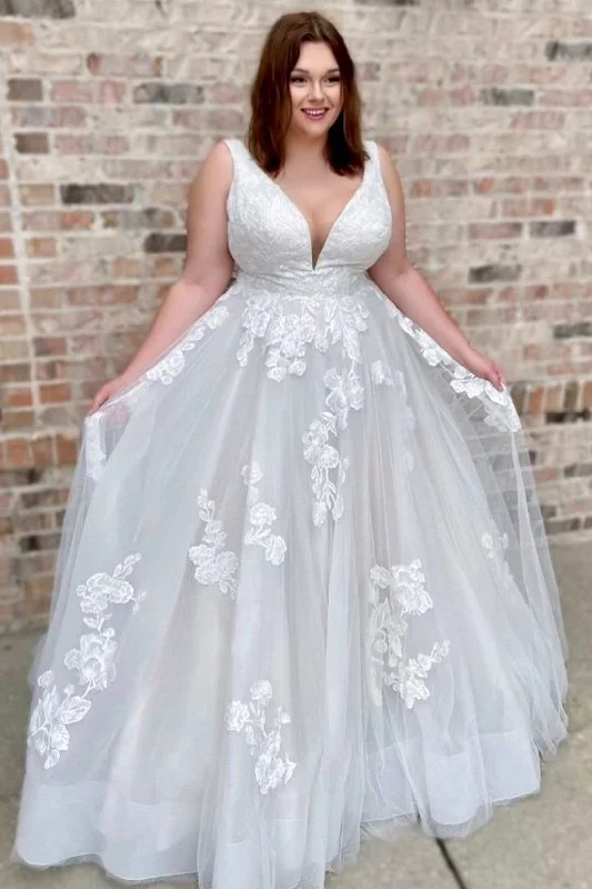 Midnight Madness White Floral Lace Plunge Neck A-Line Bridal Gown