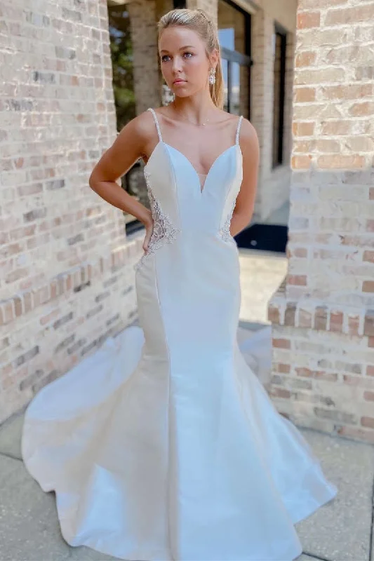 Time-Limited Offer White V-Neck Beading Trumpet Long Wedding Dress