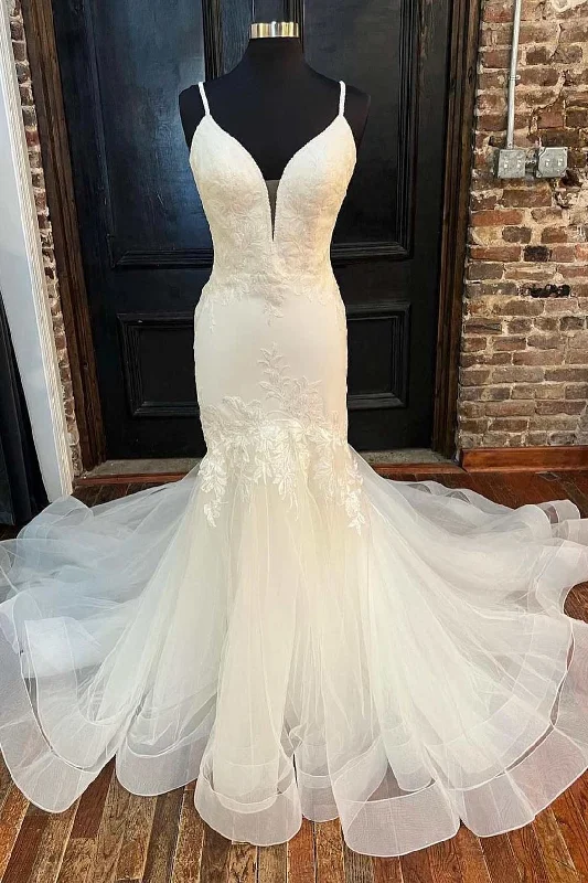 Today’s Deal White Tulle Floral Lace Trumpet Long Wedding Dress