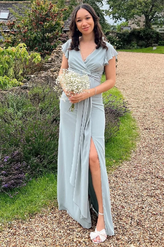 Stock Up and Save Dusty Blue Surplice Chiffon Bridesmaid Dress with Flared Sleeves