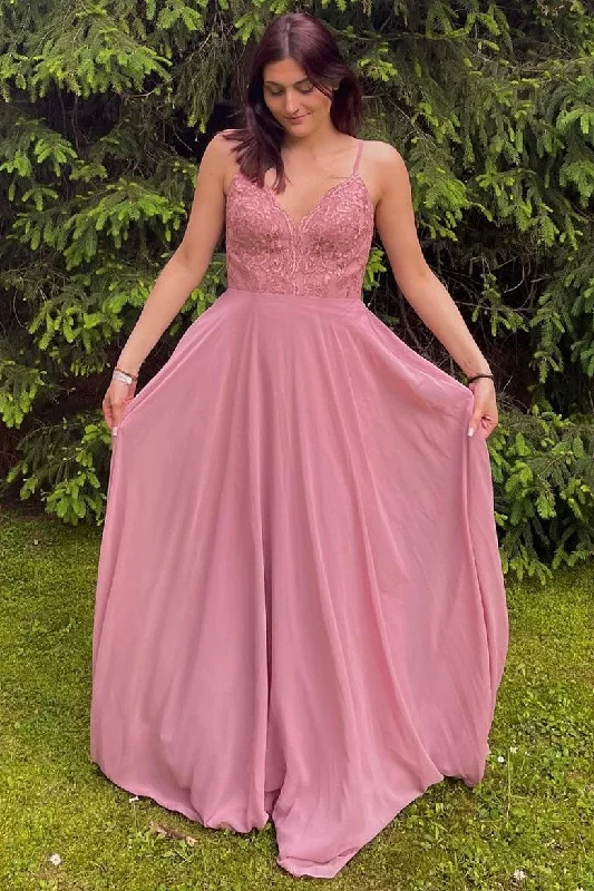 Reduced Prices Rose Lace Chiffon Spaghetti Strap Long Bridesmaid Dress