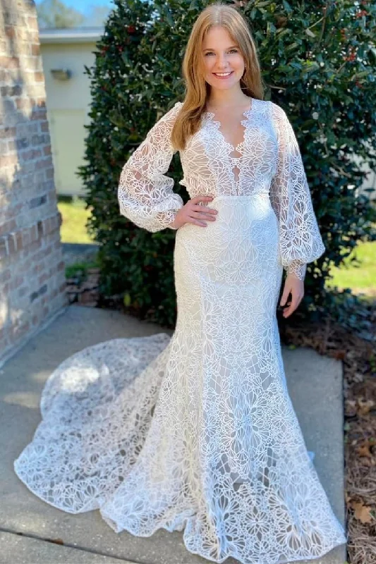 Deal Explosion White Lace Long Sleeve Backless Mermaid Wedding Dress