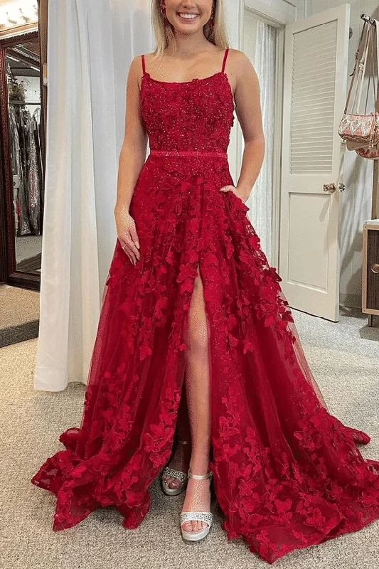 Epic Deals Red Spaghetti Straps Appliques Floral A-Line Long Prom Dress with Slit
