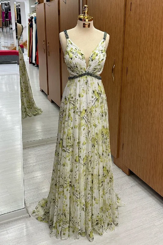 Midnight Madness Floral Print Beaded V-Neck Chiffon Maxi Dress