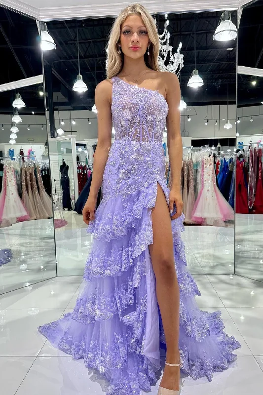 Crazy Deals One-Shoulder Sequin-Embroidery Tiered Long Prom Dress with Slit