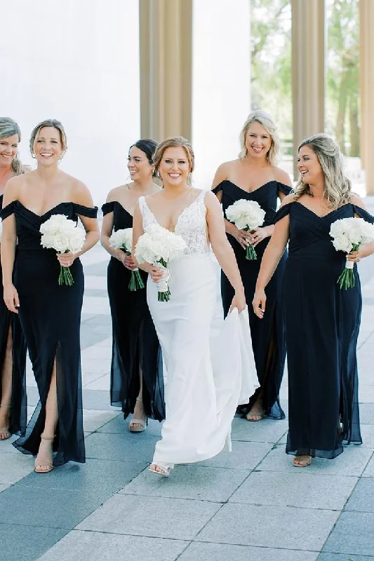 Now or Never Black Off-Shoulder Side Slit V-Neck Chiffon Long Bridesmaid Dress