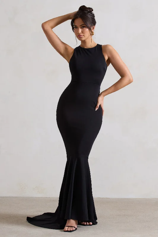 Act Now Bodhi | Black Racer-Neck Fishtail Maxi Dress
