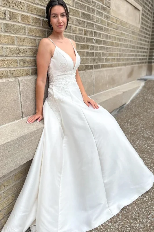 Early Access White V-Neck A-Line Long Wedding Dress with Appliques