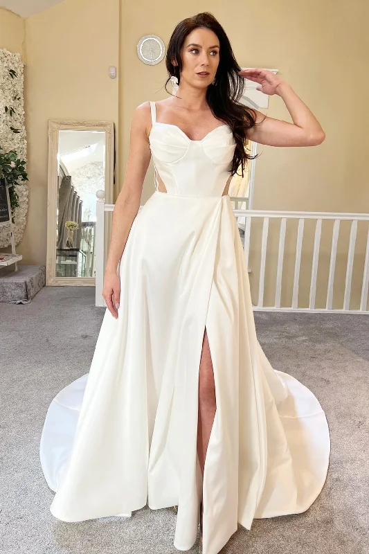 Price Fest White Sweetheart Cutout A-Line Long Wedding Dress with Slit