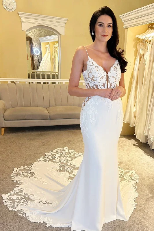 Customer Appreciation Sale White V-Plunge Mermaid Long Wedding Dress