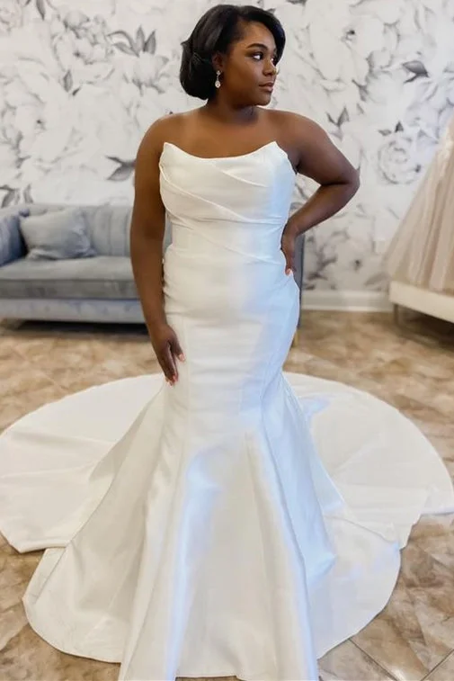 Inventory Reduction White Satin Strapless Trumpet Long Wedding Dress