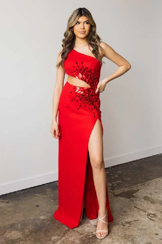 Daily Deals One-Shoulder Royal Blue Cut Glass Mirror Long Prom Dress with Slit