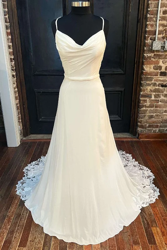 Overstock White Cowl Neck Cutout Back Lace-Trimmed Long Wedding Dress