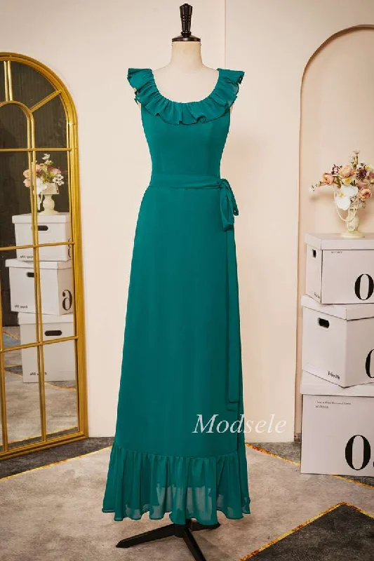 Year-End Sale Emerald Chiffon Sleeveless Ruffle Long Dress with Belt