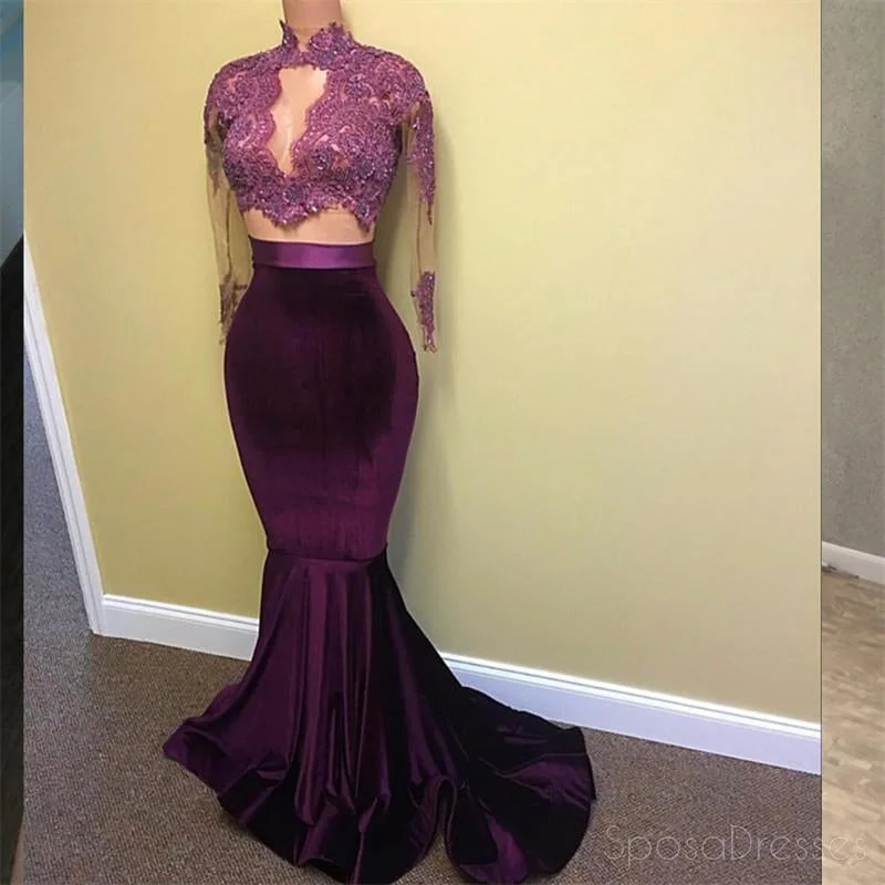 Massive Deals Sexy Two Pieces Long Sleeve See Through Lace Beaded Evening Prom Dresses, Popular Purple Party Prom Dress, Custom Long Prom Dresses, Cheap Formal Prom Dresses, 17162