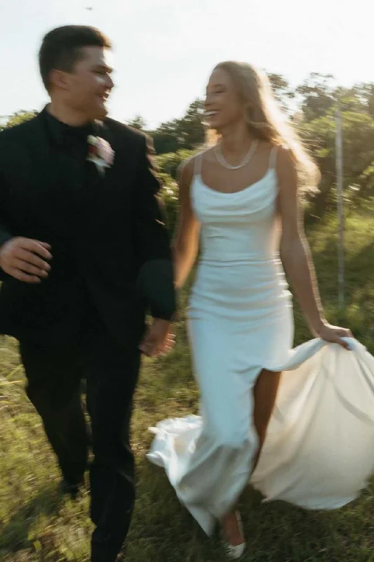 Blowout Sale Satin Mermaid Sleeveless Side Slit Long Beach Wedding Dress