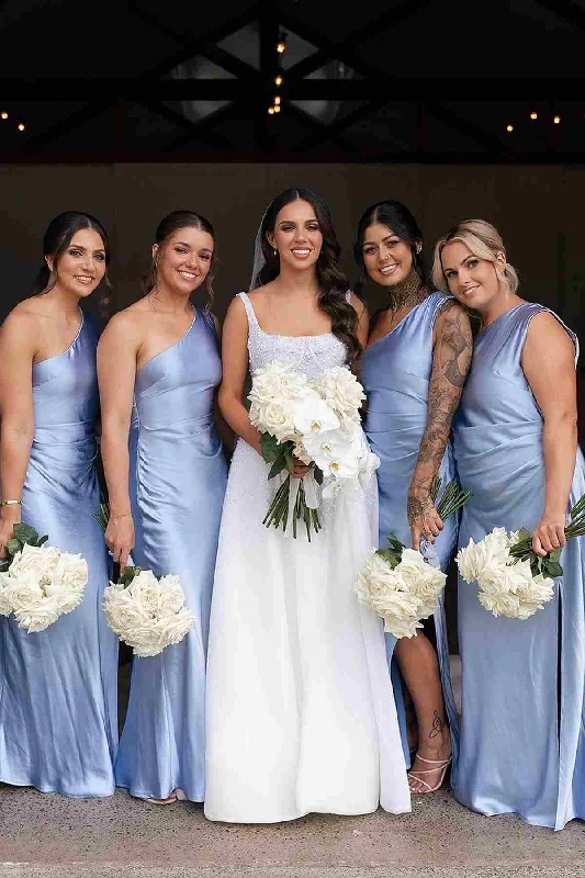 Best Bargains One Shoulder Sleeveless Satin Pleated Long Bridesmaid Dress