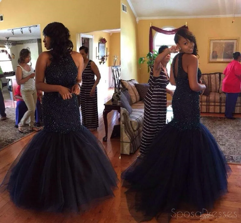 Inventory Reduction Navy Beaded Halter Mermaid Evening Prom Dresses, 2017 Long Blush Pink Party Prom Dress, Custom Long Prom Dresses, Cheap Formal Prom Dresses, 17074