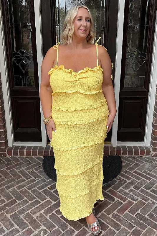 Exclusive Offers Spaghetti Strap Ruffle Smoked Midi Dress in Yellow