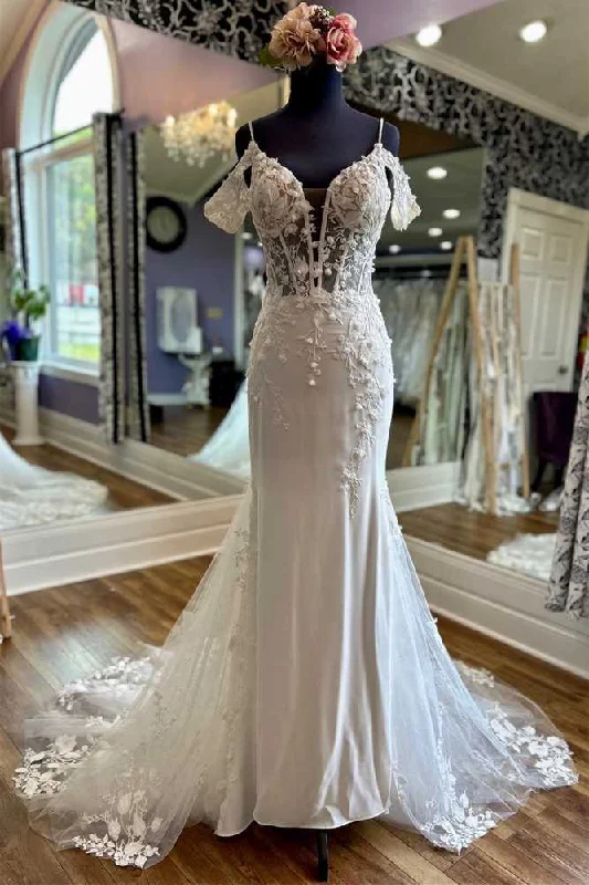New Deals Ivory Off-the-Shoulder Appliques Straps Sweeping Long Wedding Dress
