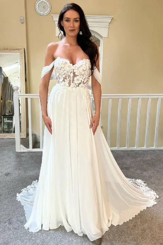 Exclusive Access Ivory Chiffon Off-the-Shoulder Floral Lace A-Line Wedding Dress