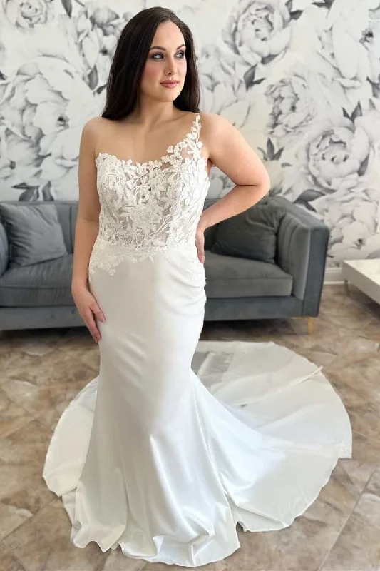Unmissable Offer Asymmetrical White Floral Lace Mermaid Long Wedding Dress