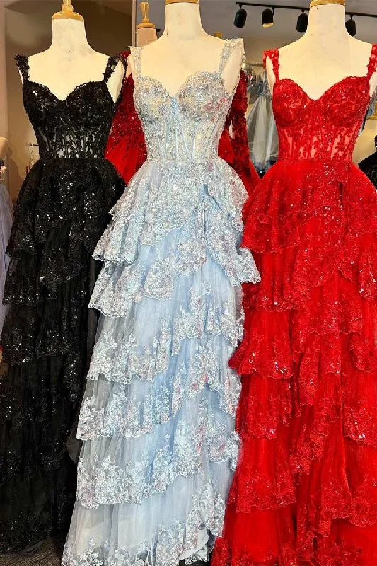 Online Only Fairytale Sequin-Embroidery Off-the-Shoulder Tiered Long Prom Dress with Slit