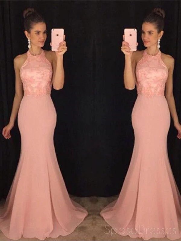 Early Access Halter Blush Pink Mermaid Evening Prom Dresses, Long Party Prom Dresses, 17063