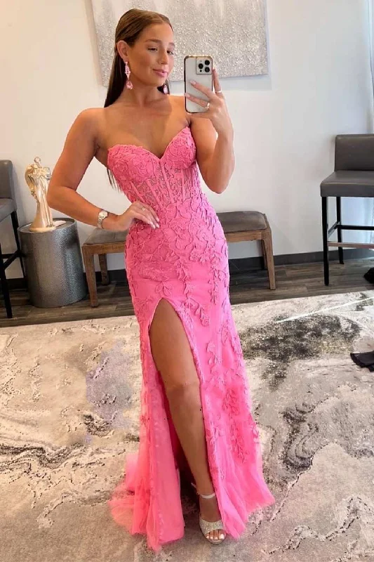 Online Only Classic Lace Appliques Strapless Mermaid Prom Dress with Slit